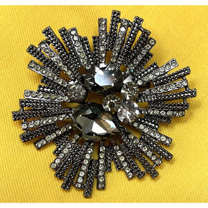 NWOT Black Rhinestone Burst Brooch Pin Gray Crystal Retro Lapel Pin Gunmetal
